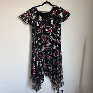Lane Bryant Sz 14/16 Floral Ruffle Sleeve Handkerchief Midi Dress Romantic Goth